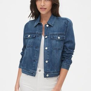 Gap icon puff sleeve denim jean jacket medium wash, S | y2k minimalist trucker
